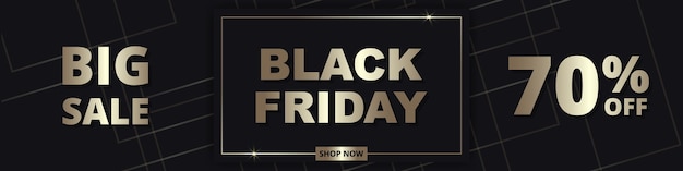 Vector black friday, abstract golden wide banner template. sale up to 70% off. black friday luxury dark golden wide background.