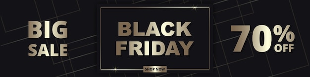 Black friday, abstract golden wide banner template. sale up to 70% off. black friday luxury dark golden wide background.