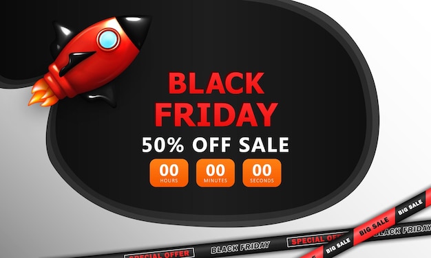 Black Friday-advertentiebanner met 3D-cartoonraket en verkoopreclame-webpagina met kortingsinformatie