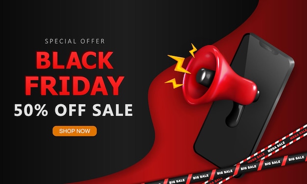 Black Friday-advertentiebanner met verkoopinformatie rode schreeuwende megafoon realistische smartphone en gestreepte banden