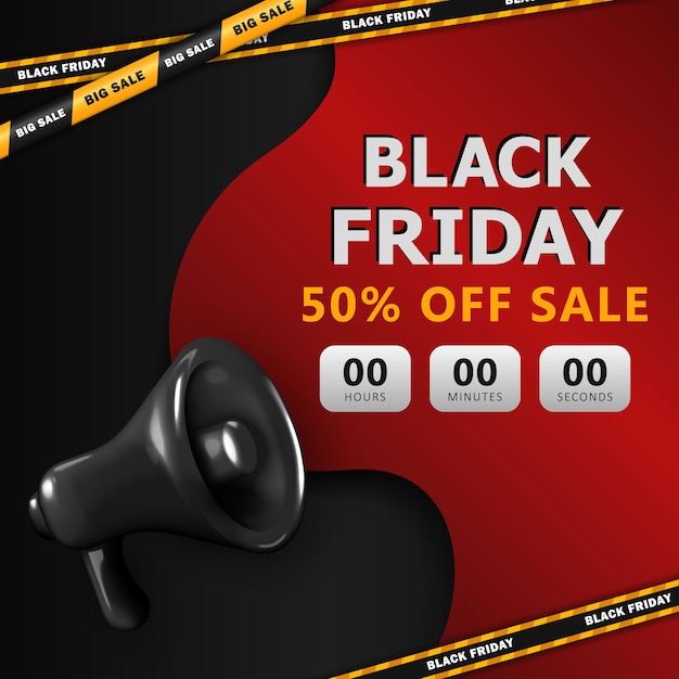 Black Friday advertising square banner with super sale countdown black megaphone and barrier tapes