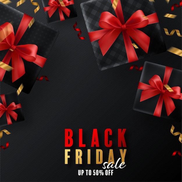 Confezione regalo con sfondo black friday, nastro rosso e nastro galleggiante dorato con stile artigianale.