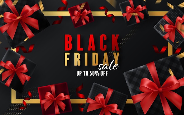 Black friday background gift box, red ribbon and gold  floating ribbon with craft style.