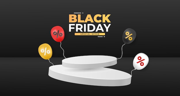 Black friday background with balloon Podium for product presentation Sale Banner on black background Vector illustration