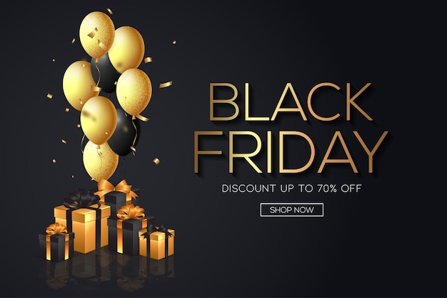 Black friday background with a gifts and realistic balloons vector