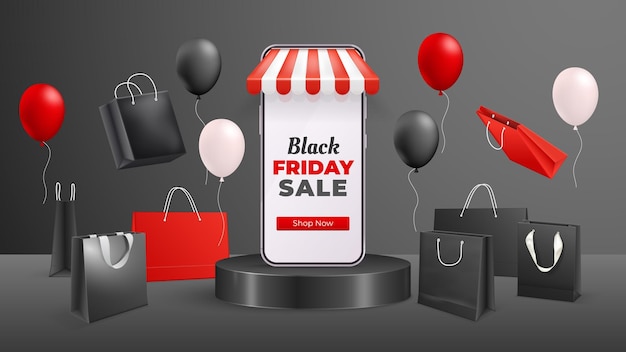 Black friday bag Elegant shopping bags special offer deals big sale ad fashion shop display product paper handbag minimal dark background store banner decent vector illustration