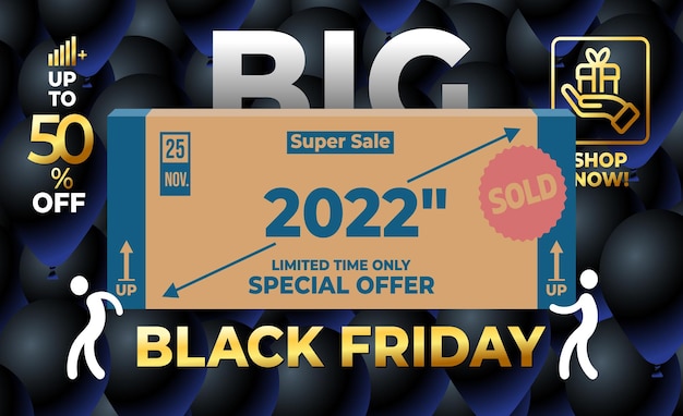 Vector black friday-banner met grote tv-box gedragen door kleine pictogrammensen en zwarte ballonnen achtergrond