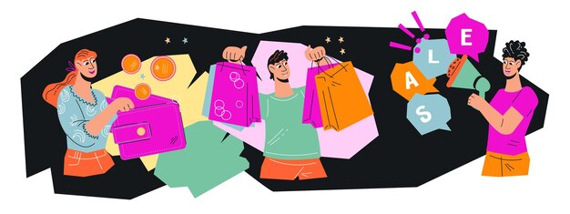 Black Friday banner met mensen die winkelen met geweldige kortingen vector