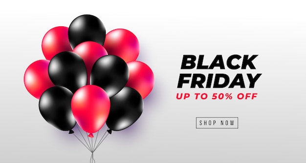 Black friday-banner met realistische zwarte en rode ballonnen