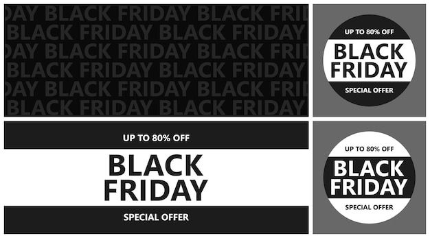 Black Friday banner, seamless pattern and two stickers for promotion, online advertising