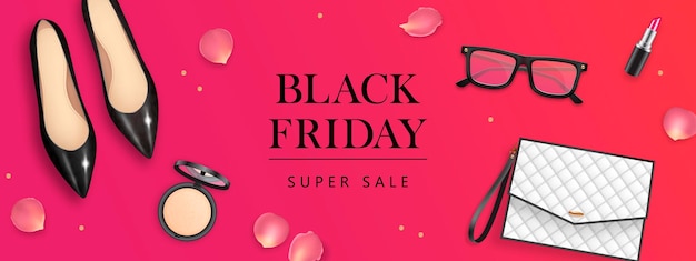 Vector black friday banner template with realistic women accessories and cosmetics