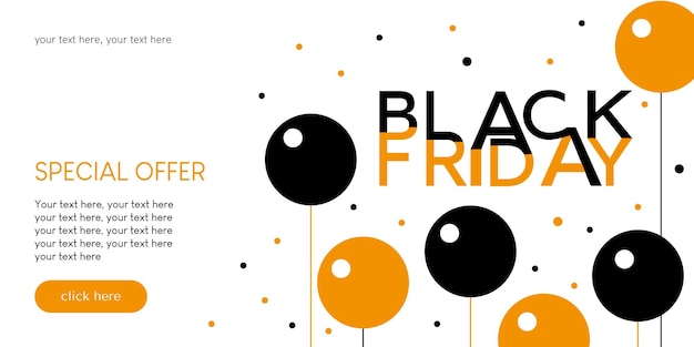 Black Friday-banner, vectorillustratie, eenvoudig ontwerp, minimalisme, feestelijke ballonnen, zwart, oranje