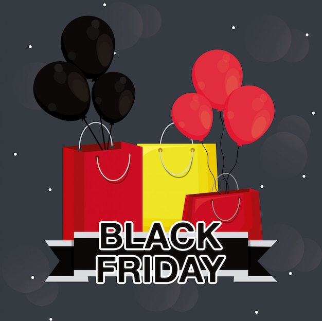 Vector black friday banner with bags shopping and balloons air
