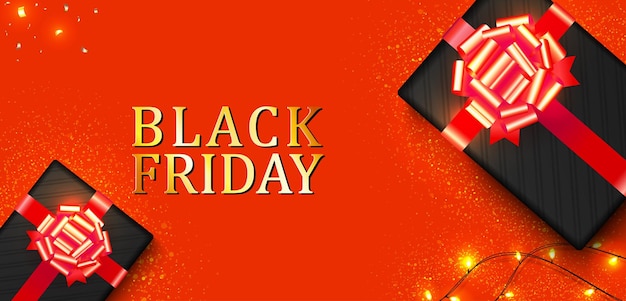 Vector black friday banner with gift box top view on red background luxury design