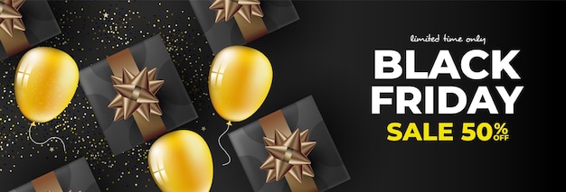 Black friday banner with gifts and balloons