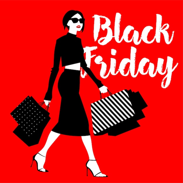 Vector black friday banner with a girl and shopping bag