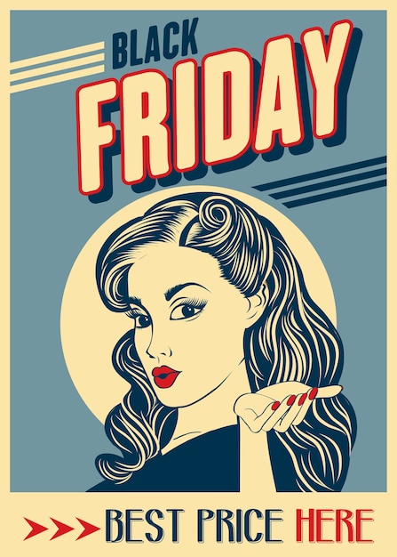 Vector black friday banner with pin-up girl. retro style.