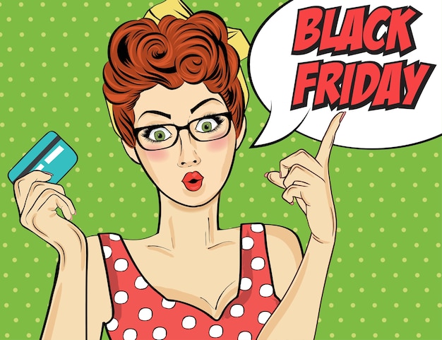 Vector black friday banner with pin-up girl. retro style.