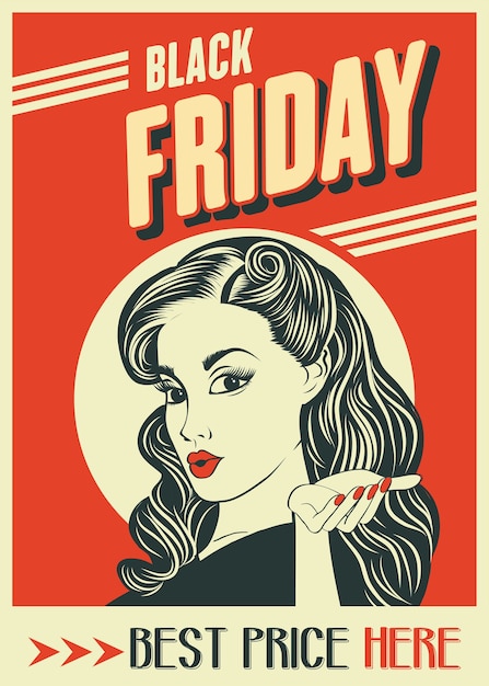 Vector black friday banner with pin-up girl.