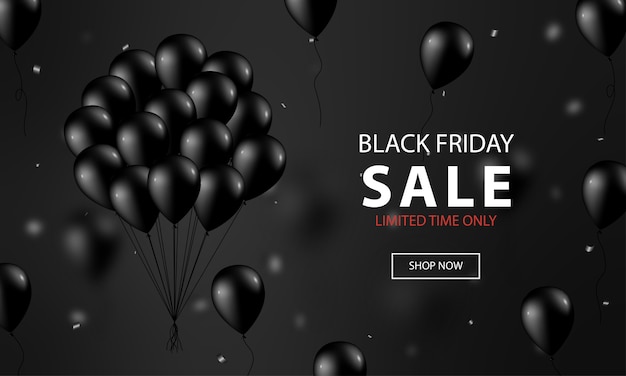 Black friday banner with realistic black balloons