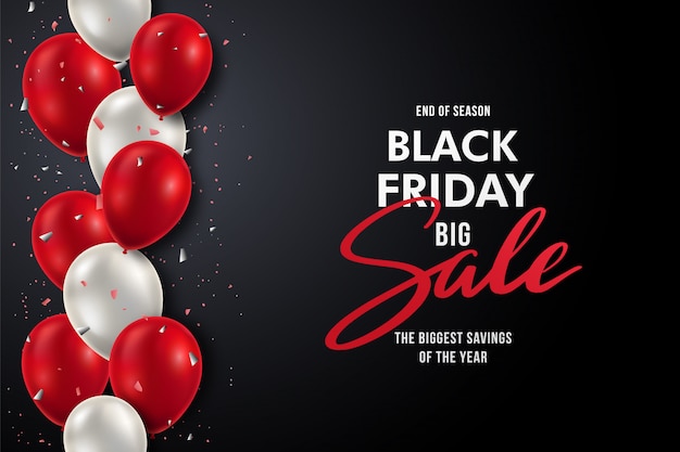 Banner del black friday con palloncini rossi e bianchi realistici.