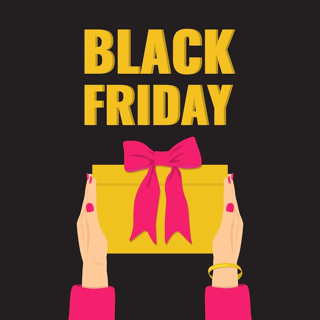 Black Friday banner. Woman's hands holding a yellow gift with pink bow.