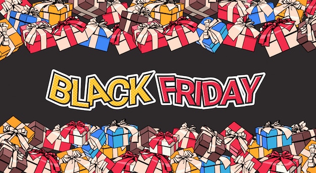 Black friday-bannerontwerp met heden en giftdozen op achtergrond het winkelen afficheconcept