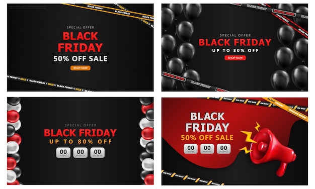 Black Friday banners with mega sale advertisement 3d glossy balloons spaceship and crossed ribbons