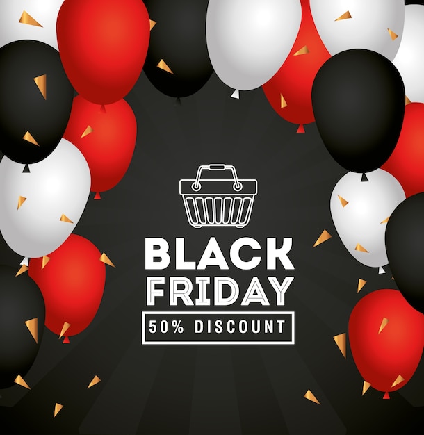 Black friday and basket with balloons design, sale offer save and shopping