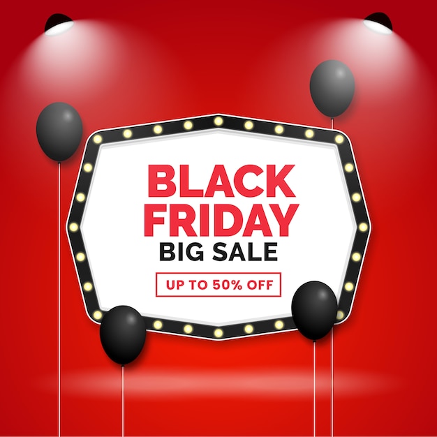 black friday big sale promotion template design with cinema sign board  and ballons