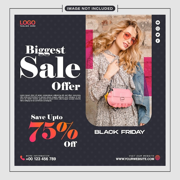 Black friday biggest fashion sale offer social media post template design