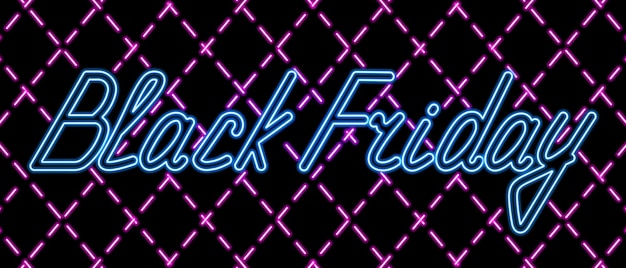 Black Friday. Blue inscription from neon on a background of a purple grid. Sales and discounts