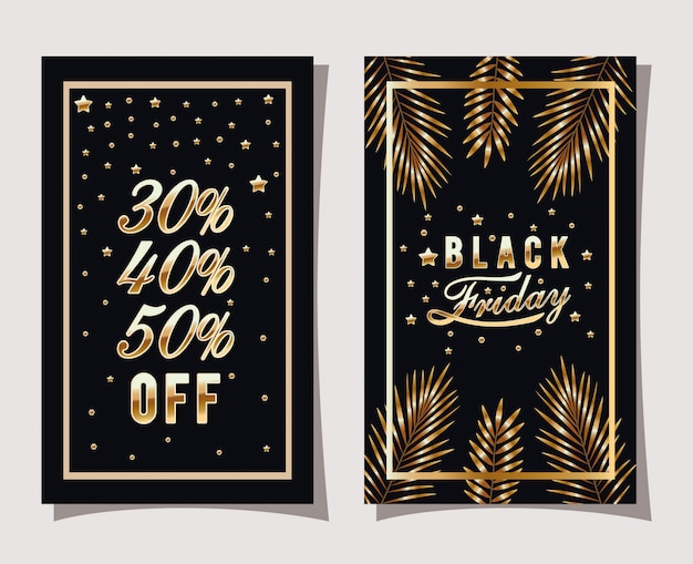 Vector black friday calligraphy in golden frame with leafs