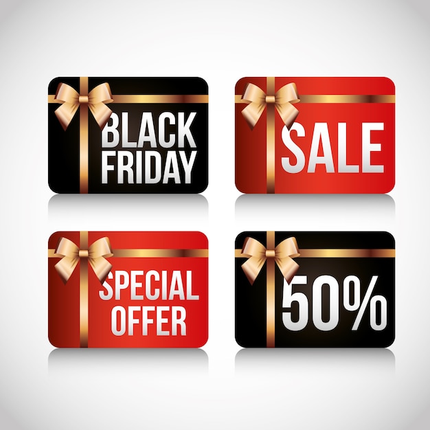 Black friday cards set with gold bow and discounts