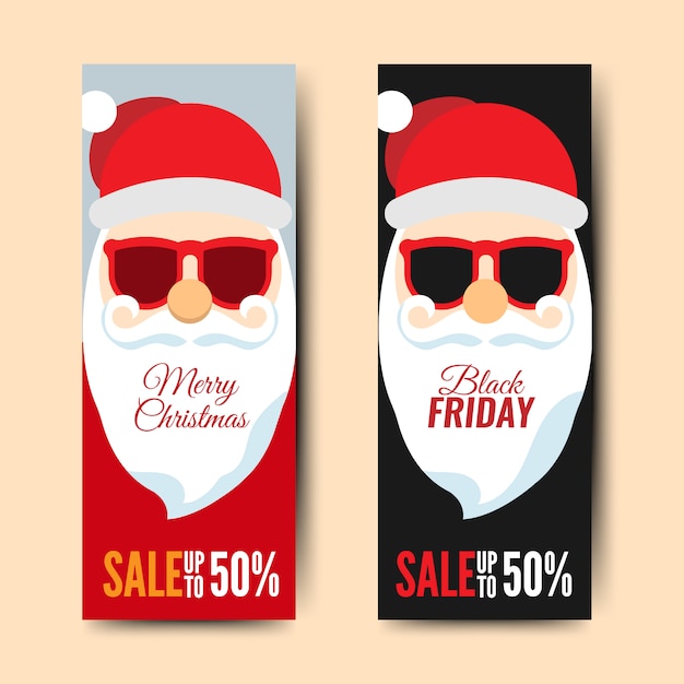 Black friday and christmas card with cartoon santa claus