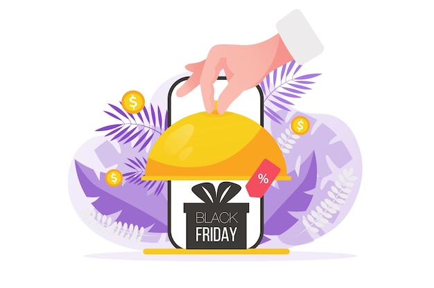 Black friday-concept met mensen die een plat ontwerp inleveren