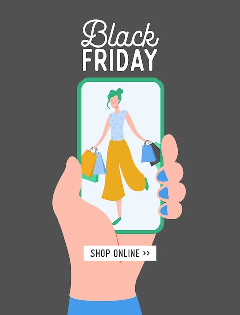 Black Friday-concept plat ontwerp, concept verkoop mobiele app sjabloon met vrouw karakter, online winkelen banner, speciale aanbieding-poster