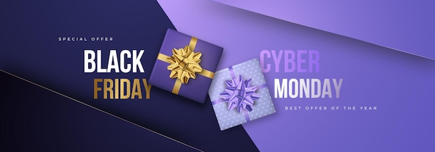 Banner del cyber monday del venerdì nero design pubblicitario alla moda