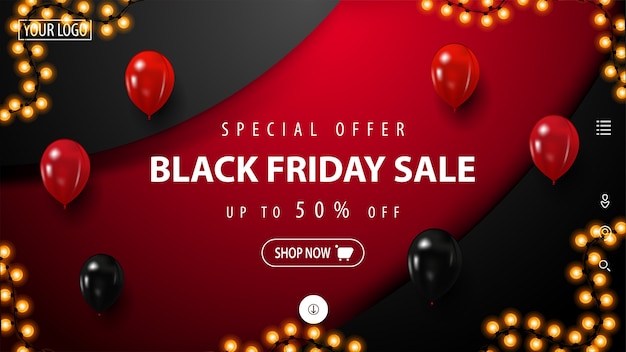 Black friday discount banner with large decorative circle on background. discount red and black banner for website with button, red and black balloons and garland