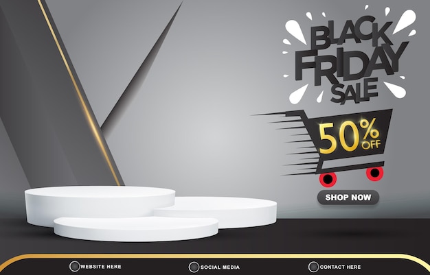 Black friday discount sale template banner with blank space 3d podium for product sale with abstract gradient grey background design