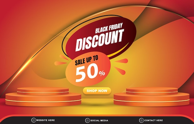 Black friday discount sale template banner with blank space 3d podium for product sale with abstract gradient orange and yellow background design