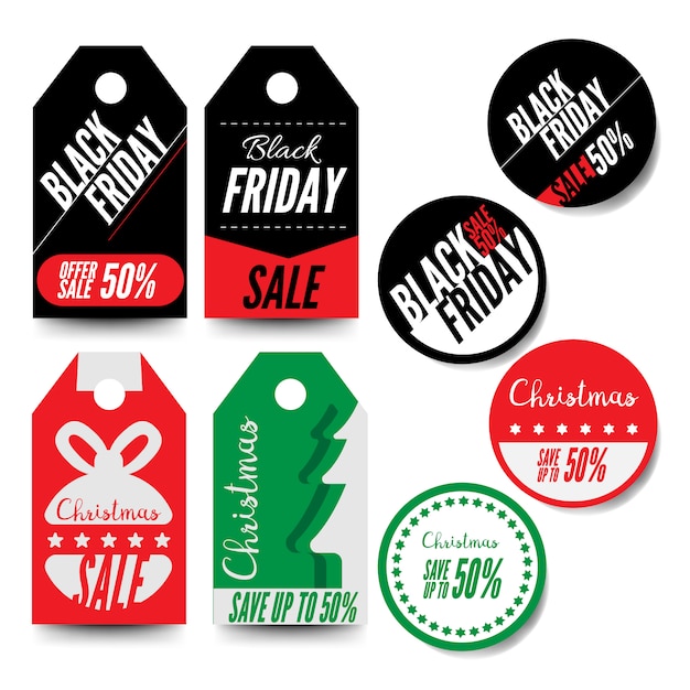 Vector black friday en kerst verkoop badges en labels