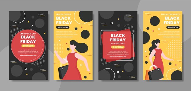 Black Friday geven grote korting Social Media Ig verhalen sjabloon Hand getekende Cartoon vlakke afbeelding