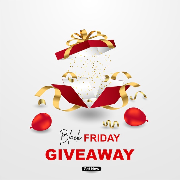 Black friday giveaway banner template design with realistic gift box