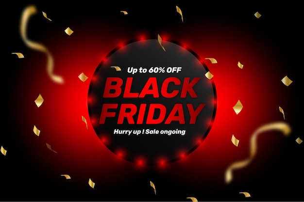 Black friday gouden rode banner achtergrondontwerp met glitter en confetti