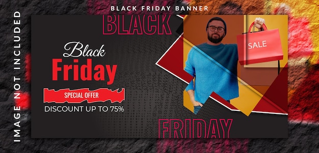 Colore sfumato del black friday con un'offerta di vendita super mega realistica con modello di banner di sconto con una foto di un uomo