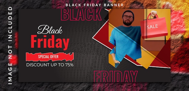 Offerta di vendita super mega realistica del black friday con un modello di banner di sconto con una foto di un uomo