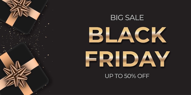 Black friday grote verkoop realistische zwarte geschenkdozen met gouden convetti