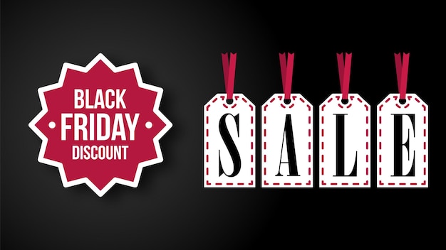 Black Friday header with sale stickers on the black background. Vector illustration.