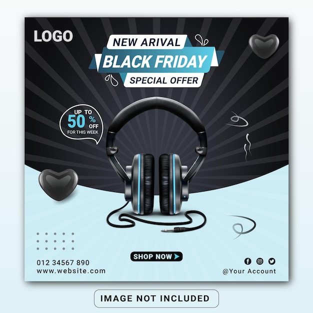 Black friday headphone brand product social media banner design template or square flyer